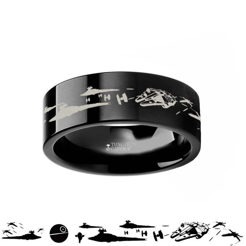 Ladies Rings with Rose Quartz-Star Wars A New Hope Death Star Space Battle Black Tungsten Ring Episode IV - 4mm - 12mm