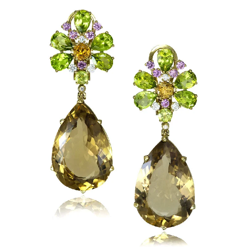 Ladies Earrings with Jade Spark-Gold Blossom Pear Earrings with Champagne Quartz