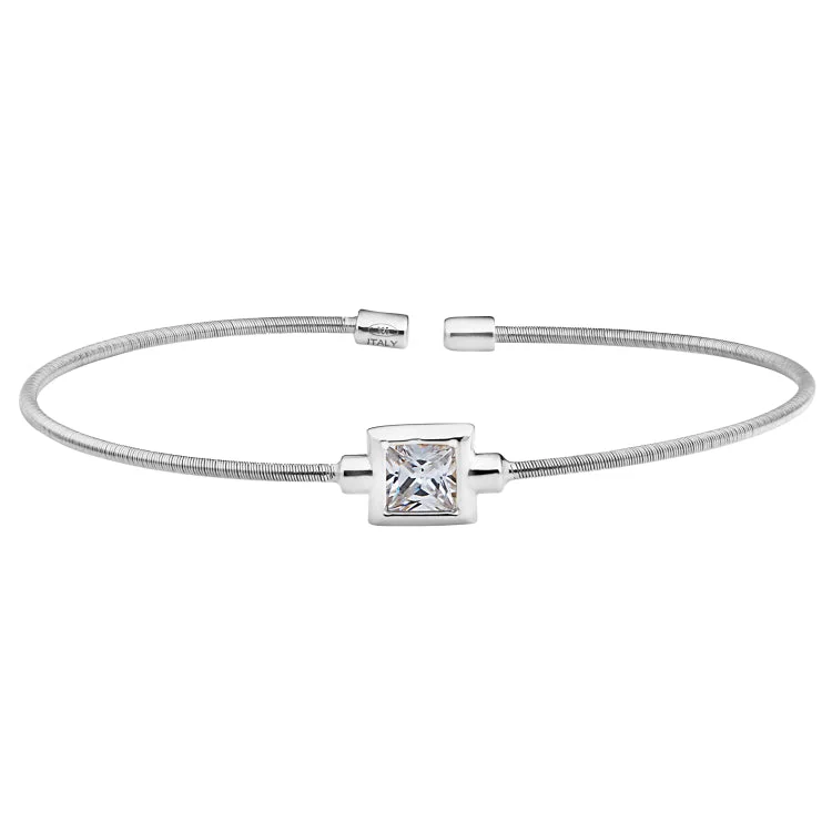 22K gold statement bracelets -Rhodium Finish Sterling Silver Cable Cuff Bracelet with Princess Cut Simulated Diamond Birth Gem