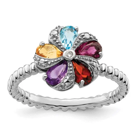 Ladies Rings for Holiday Glow-Sterling Silver Multi Gemstone & Diamond Ring