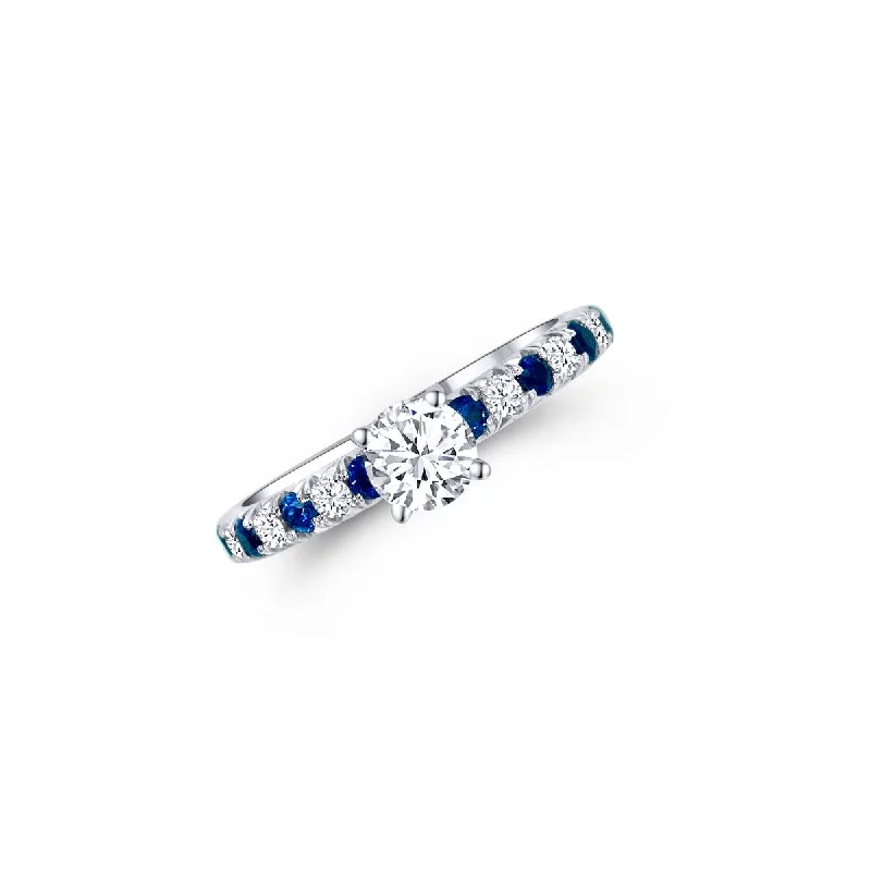 Ladies Engagement Rings Modern Spark-14K White Gold Round 0.52 Carat Diamond with 0.16CTW Sapphire and Diamond Side Stones Engagement Ring