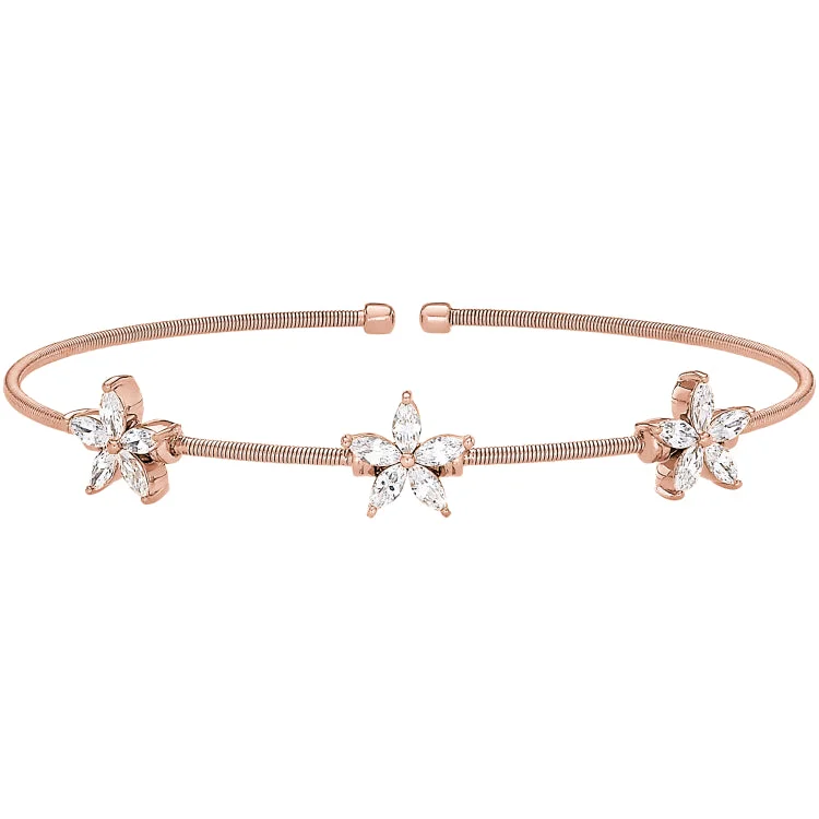 Parental love bracelets -Rose Gold Finish Sterling Silver Cable Cuff Bracelet with Simulated Diamond Flowers