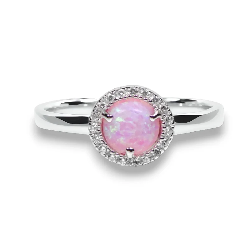 Ladies Rings Soft Shine-Sterling Silver Light Pink Opal and CZ Halo Ring