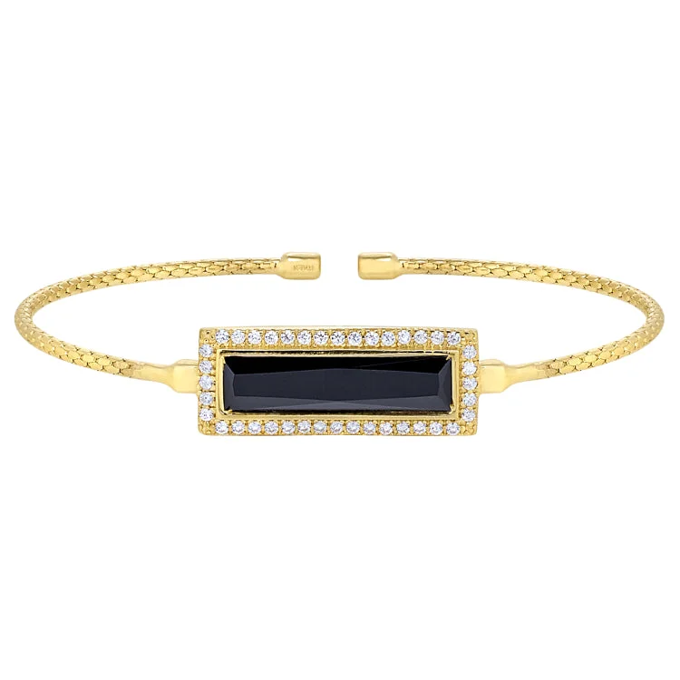 Woodland whisper bracelets -Gold Finish Sterling Silver Cable Cuff Bracelet with Rectangular Simulated Onyx Stone and Simulated Diamonds