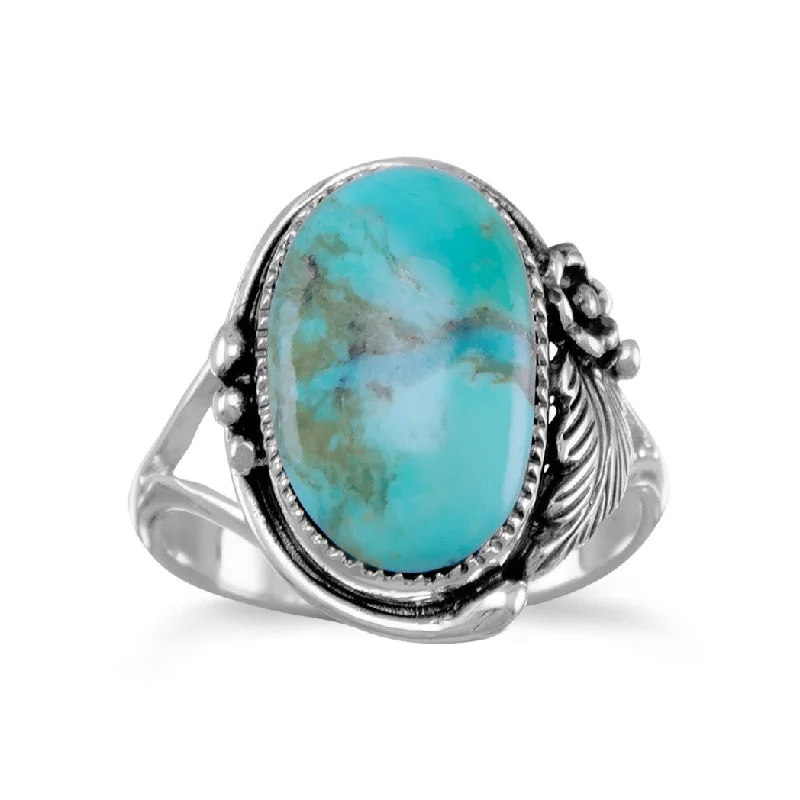 Ladies Rings for Science Glow-Sterling Silver Oval Turquoise Floral Design Ring