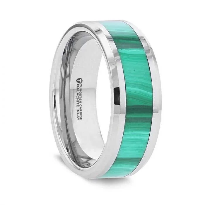 Ladies Rings with Bronze Enstatite-Thorsten MAHI Malachite Inlay Tungsten Carbide Ring with Polished Beveled Edges - 8mm