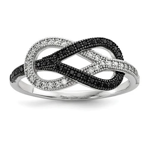 Ladies Rings Multi-Shine Spark-Sterling Silver Black & White Pave CZ Brilliant Embers Infinity Knot Ring