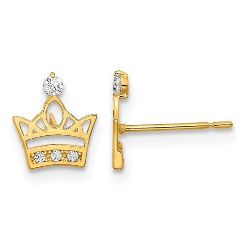 Ladies Earrings Long Glow-14k Yellow Gold Solid Madi K Youth CZ Crown Post Earrings