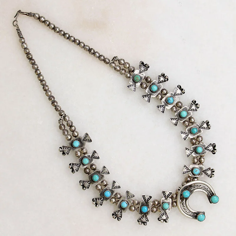 Ladies robust chunky necklaces -Petite Sterling & Turquoise Squash Blossom Necklace