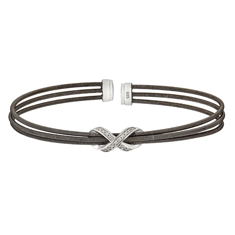 Adventure spirit bracelets -Black Rhodium Finish Sterling Silver Three Cable Cuff Bracelet with Rhodium Finish Simulated Diamond Infinity