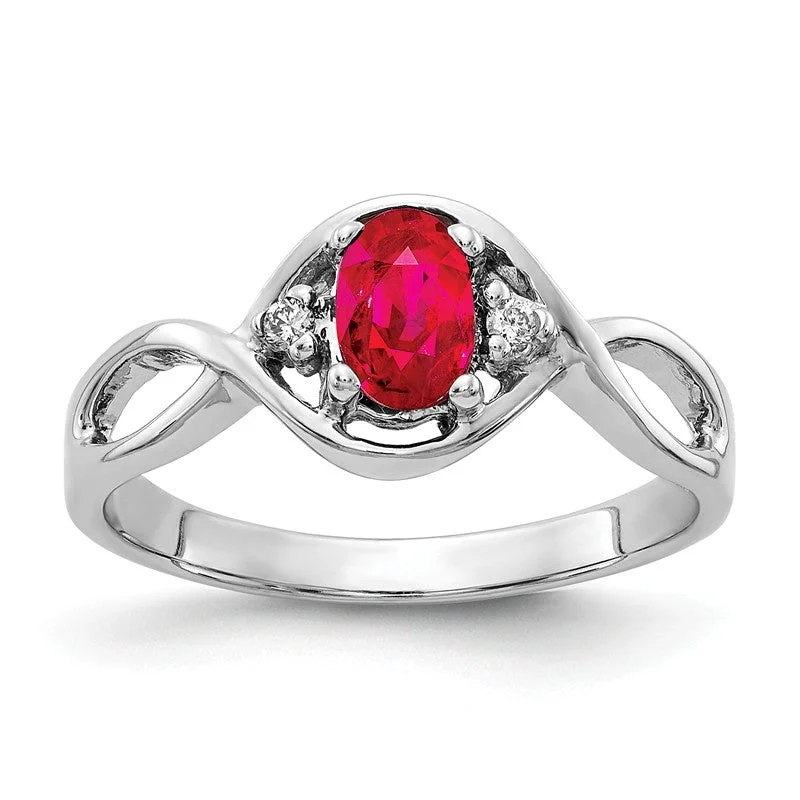 Ladies Rings with Red Pyroxmangite-14k White Gold 6x4mm Oval Ruby and Diamond Infinity Style Ring