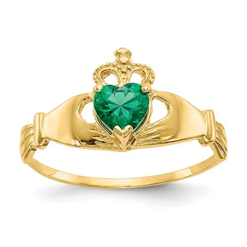 Ladies Rings with Rust Brookite-14k Yellow Gold Green Heart Polished Claddagh Ring