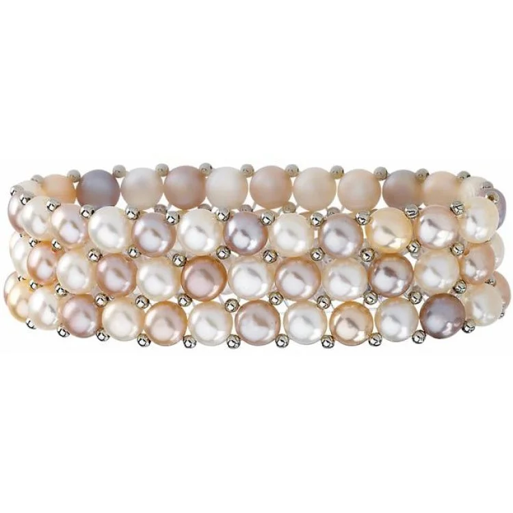 Planetary orbit bracelets -Sterling Silver Freshwater Cultured Natural Multi-Colored Pearl 3 Row Stretch Bracelet