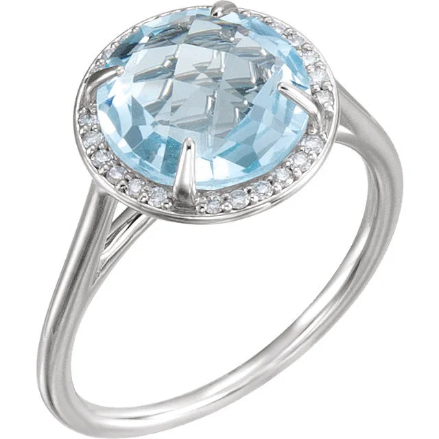 Ladies Rings with Yellow Xenotime-14k Gold 8mm Round Sky Blue Topaz and .05CTW Diamond Halo Ring