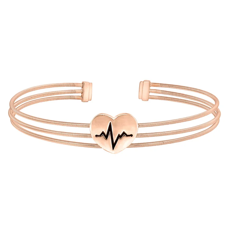 Passionate red bracelets -Rose Gold Finish Sterling Silver Three Cable Cuff Bracelet with a Polished Heart with a Heartbeat Design.