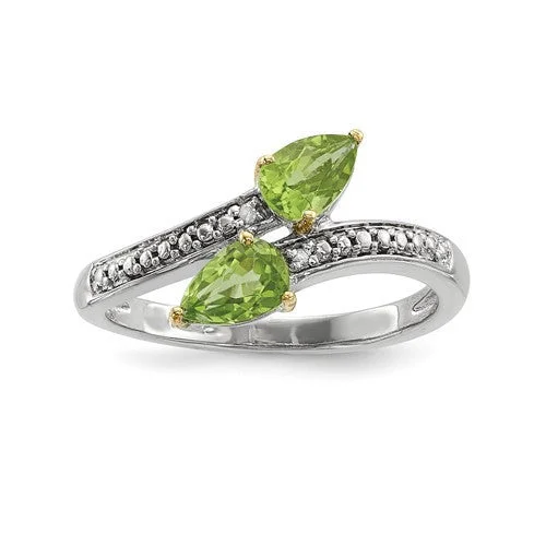 Ladies Rings with Brown Astrophyllite-Sterling Silver And 14K Gold Double Peridot Pear Diamond ByPass Ring