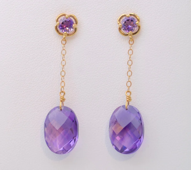 Ladies Earrings with Grey Pollucite-Amethyst Dangle Earrings in 14K Yellow Gold