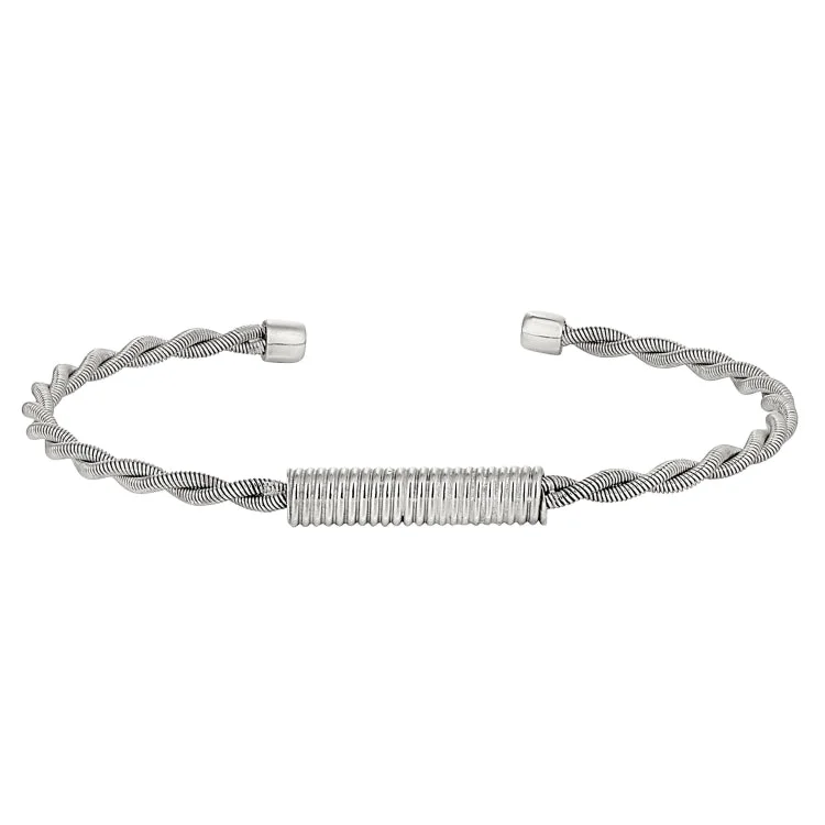 Glossy finish bracelets -Rhodium Finish Sterling Silver Tightly Twisted Cable Cuff Bracelet with Central Twisted Coil