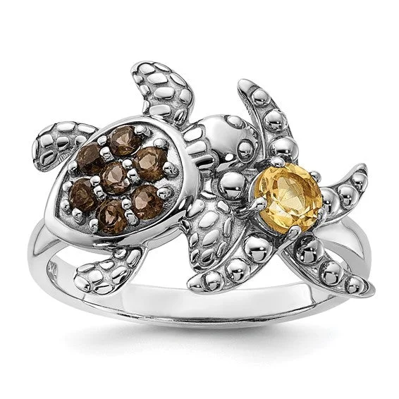 Ladies Rings with Plum Axinite-Sterling Silver Smoky Quartz and Citrine Turtle and Starfish Ring