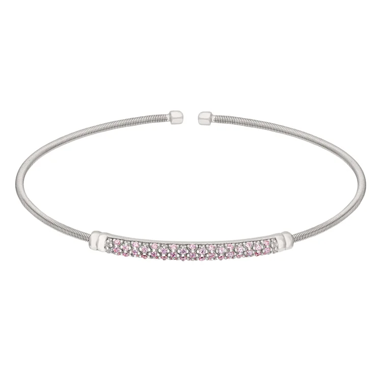 Hexagon gleam bracelets -Rhodium Finish Sterling Silver Cable Cuff Bracelet with Three Rows of Simulated Pink Sapphire Birth Gems - October