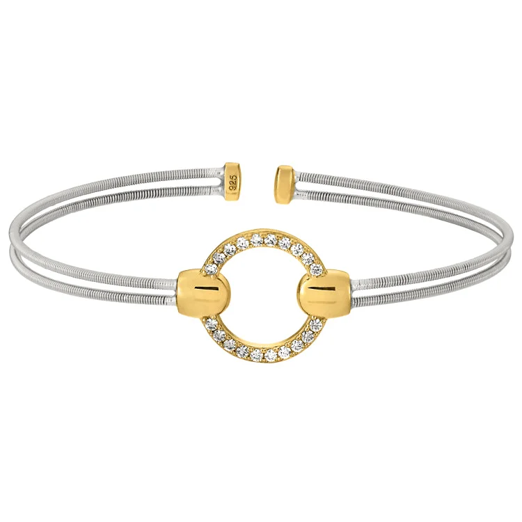 Sandy coast bracelets -Rhodium Finish Sterling Silver Two Cable Cuff Bracelet with Gold Finish Simulated Diamond Open Circle