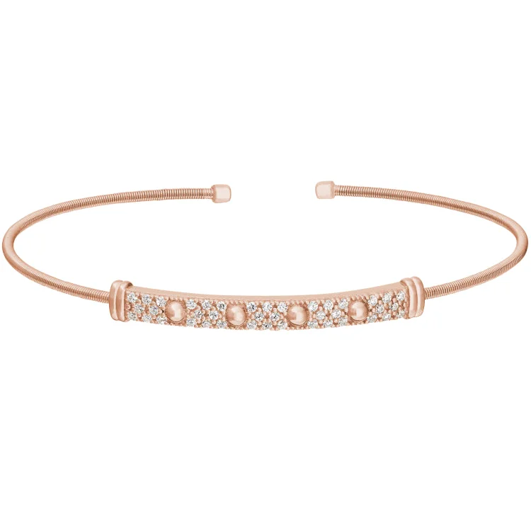 Peaceful flow bracelets -Rose Gold Finish Sterling Silver Cable Cuff Bracelet with Four Beads & Simulated Diamonds