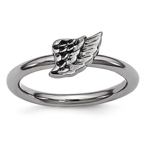 Ladies Rings for Prom Shine-Sterling Silver Stackable Expressions Black Plated Angel Wing Ring