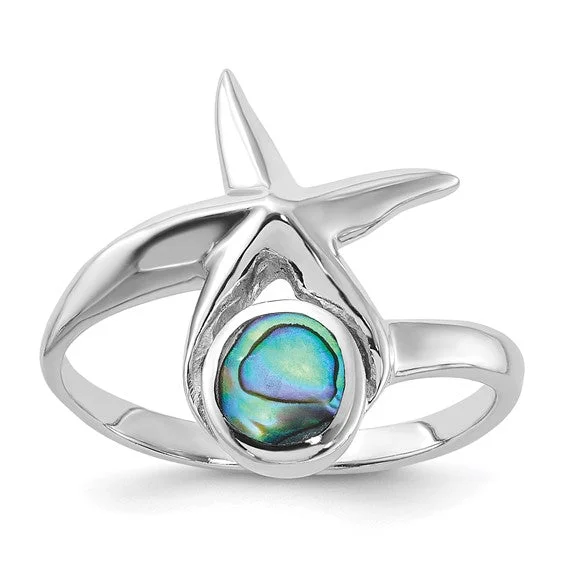 Ladies Rings with Mint Serpentine-Sterling Silver Round Abalone with Starfish Ring