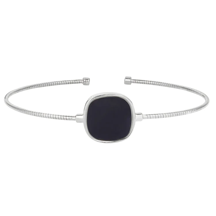 Starry guide bracelets -Rhodium Finish Sterling Silver Rounded Omega Cable Cuff Bracelet with a Cushion Cut Black Murano Stone