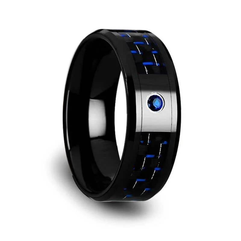 Ladies Rings for Youth Shine-Thorsten ODELL Black Ceramic Ring Black and Blue Carbon Fiber Blue Sapphire Setting - 8mm