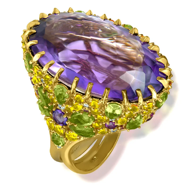 Ladies Rings with Cream Howlite-Gold Blossom Ring with Light Amethyst & Peridot