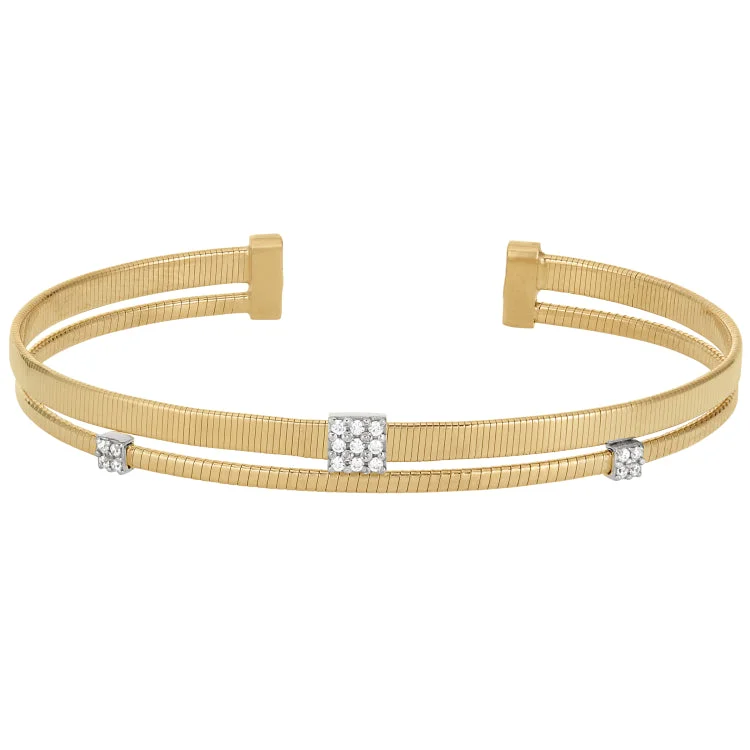 Galaxy swirl bracelets -Gold Finish Sterling Silver Two Cable Cuff Bracelet with Rhodium Finish Simulated Diamond Square and Round