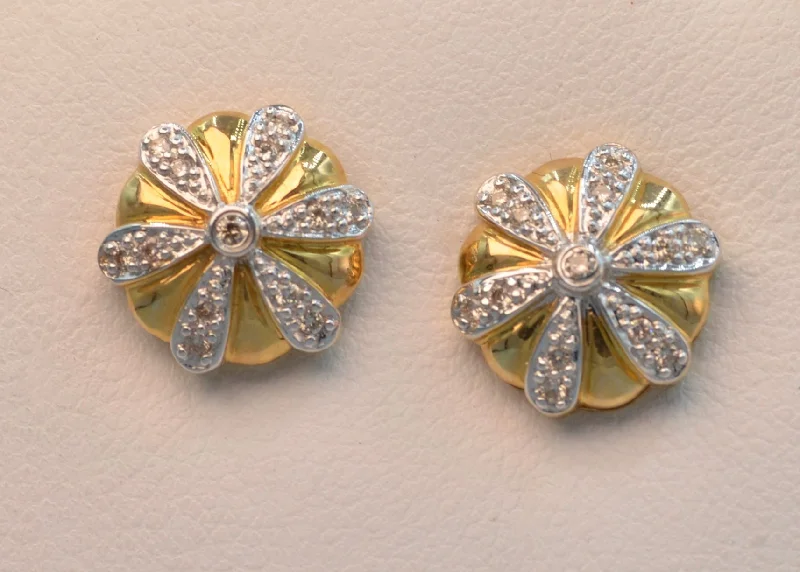 Ladies Earrings Soft Glow-14K yellow gold post earrings with pave diamond trims.