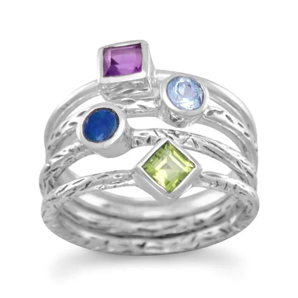 Ladies Rings with Gold Fibrolite-Sterling Silver Amethyst, Blue Topaz, Opal & Peridot Textured 4 Band Ring Set