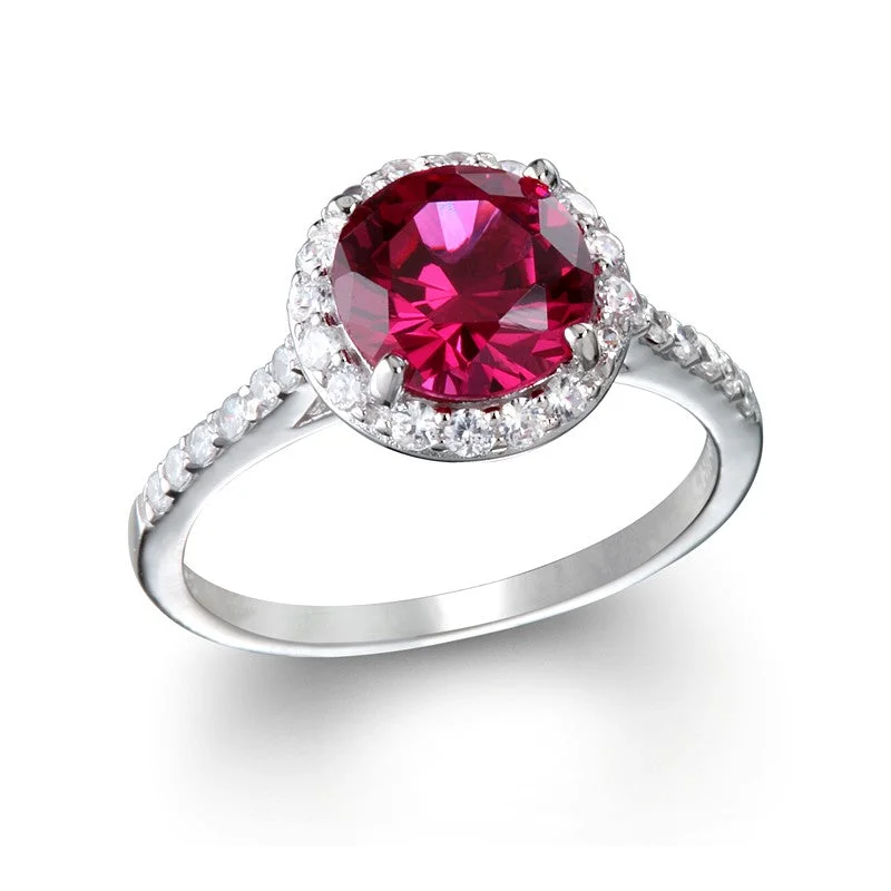 Ladies Rings with Jade Spark-Sterling Silver Created Ruby Round & CZ Halo Ring