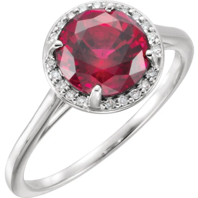 Ladies Rings for Niece Glow-14k Gold Lab Grown 8mm Round Ruby & Diamond Halo Ring