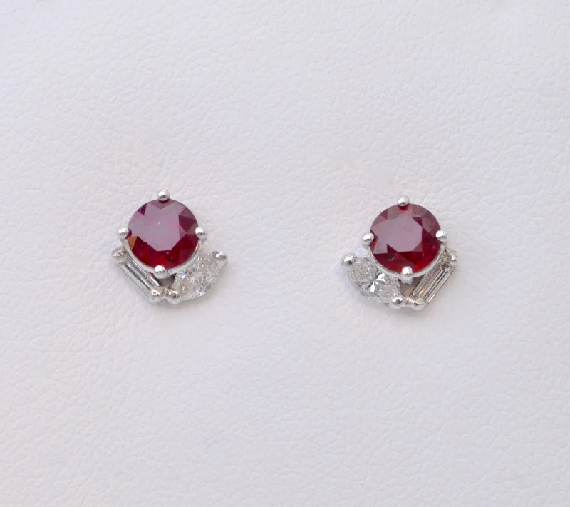 Ladies Earrings with Red Wulfenite-Ruby and Diamond Stud Earrings in 14K White Gold