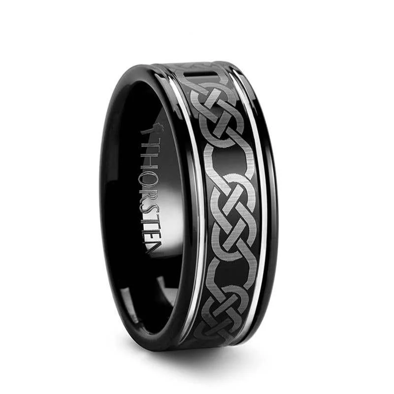 Ladies Rings with Aqua Turquoise-Thorsten KILKENNY Black Tungsten Ring with Celtic Pattern - 8mm