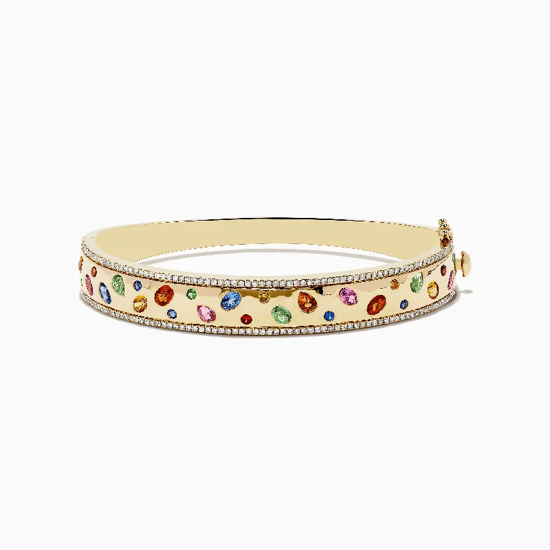 Versatile stretch bracelets -Watercolor 14k Yellow Gold Bezel Set Multi Sapphire Bangle