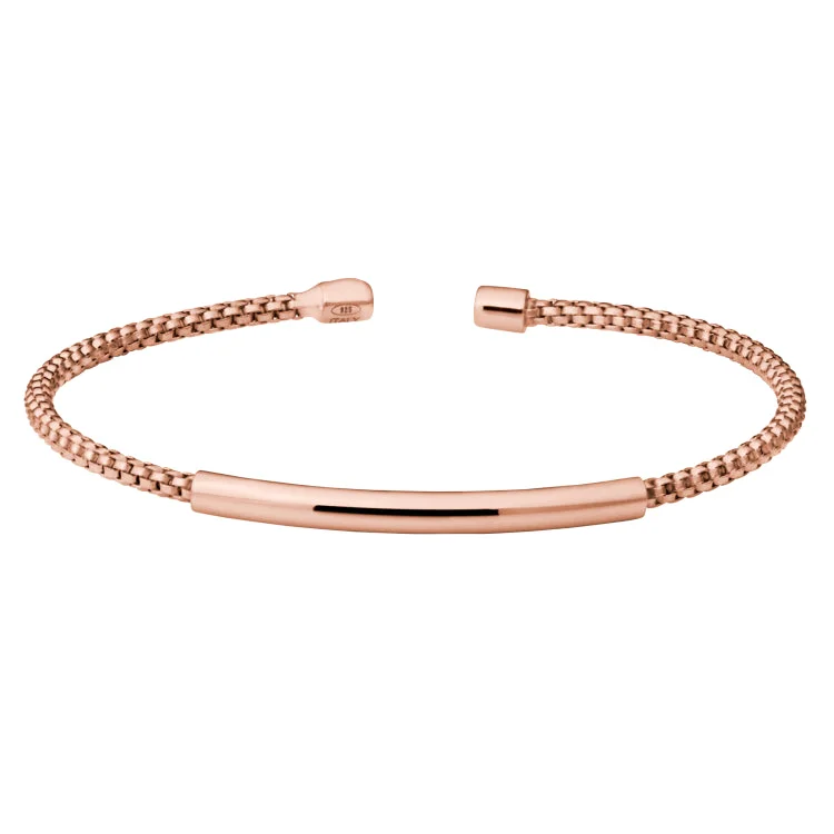 Earthy wooden bracelets -Rose Gold Finish Sterling Silver Rounded Box Link Cuff Bracelet with High Polished Bar