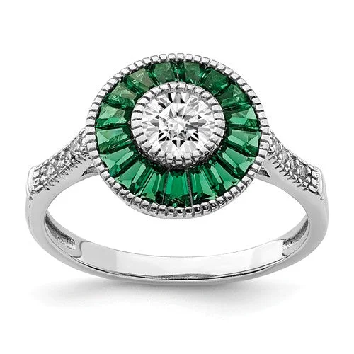 Ladies Rings for Bridal Glow-Sterling Silver Created Green Spinel And CZ Halo Ring