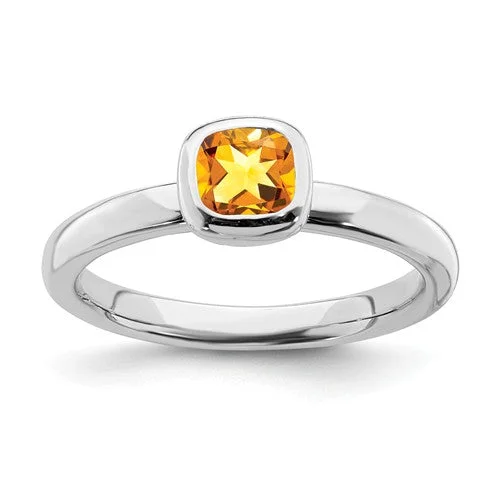 Ladies Rings for Mom Shine-Sterling Silver Stackable Expressions Cushion Cut Citrine Ring