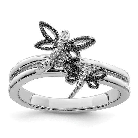 Ladies Rings for Date Glow-Sterling Silver Diamond Double Dragonfly Ring