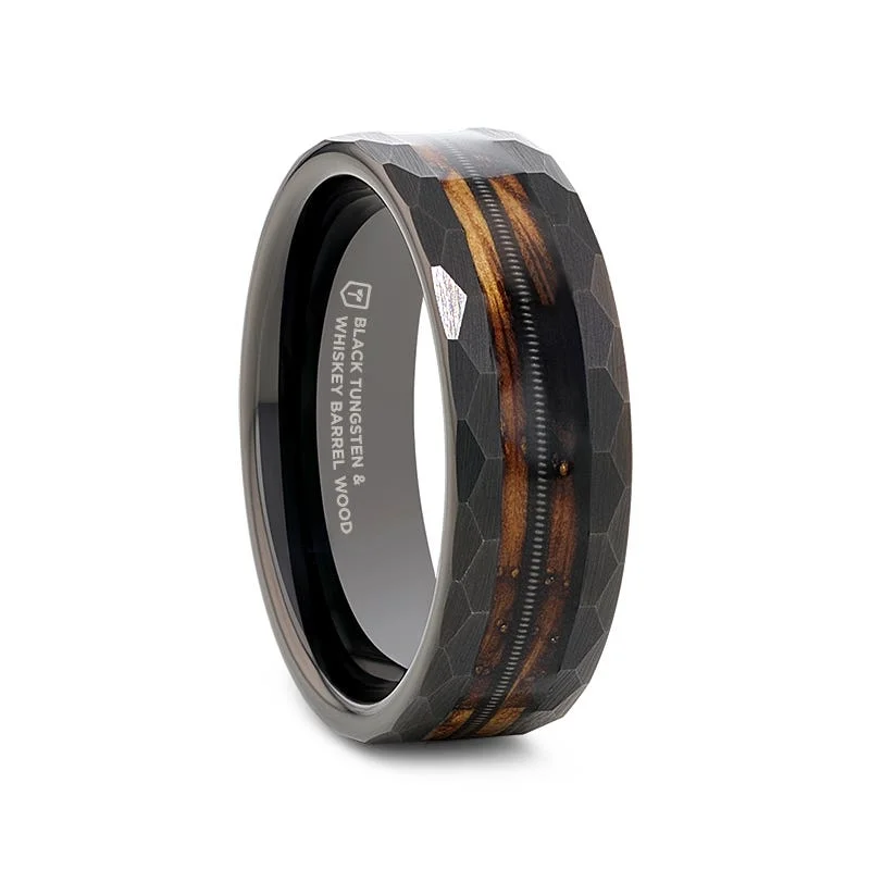 Ladies Rings for Engineer Shine-Thorsten RIFF Black Tungsten Ring with Charred Whiskey Barrel and Guitar String - 8mm