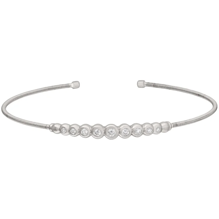 Key motif bracelets -Rhodium Finish Sterling Silver Cable Cuff Bracelet with Graduated Simulated Diamonds