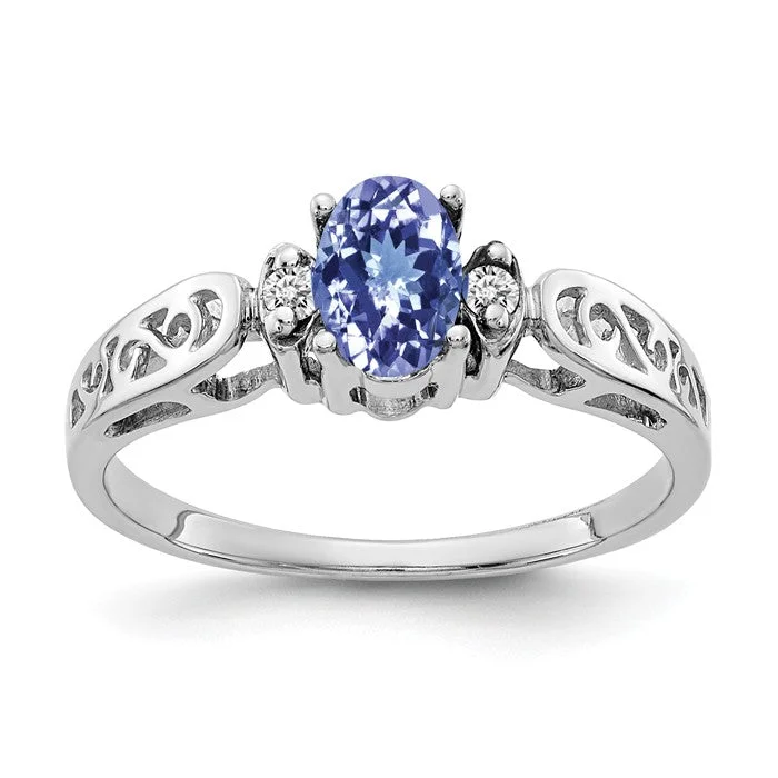 Ladies Rings with Wave Glow-14k White Gold 6x4mm Oval Tanzanite and Diamond Filigree Side Ring