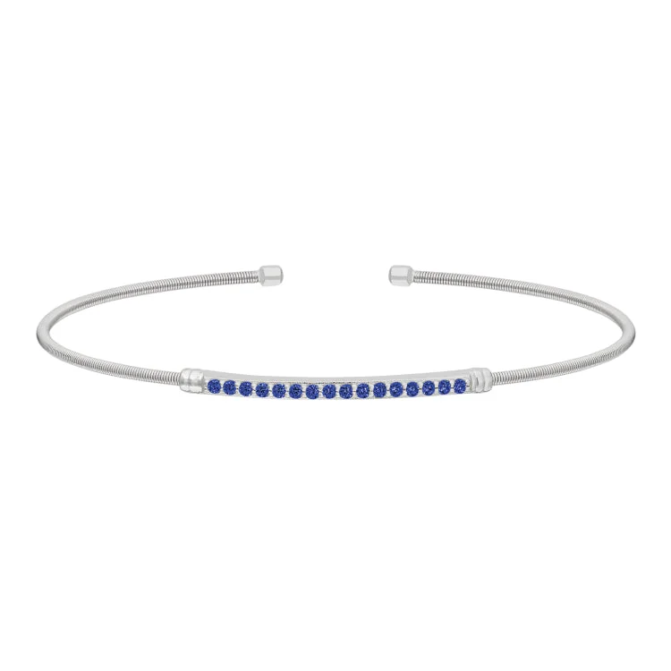 Romantic heart bracelets -Rhodium Finish Sterling Silver Cable Cuff Bracelet with Simulated Blue Sapphire Birth Gems - September