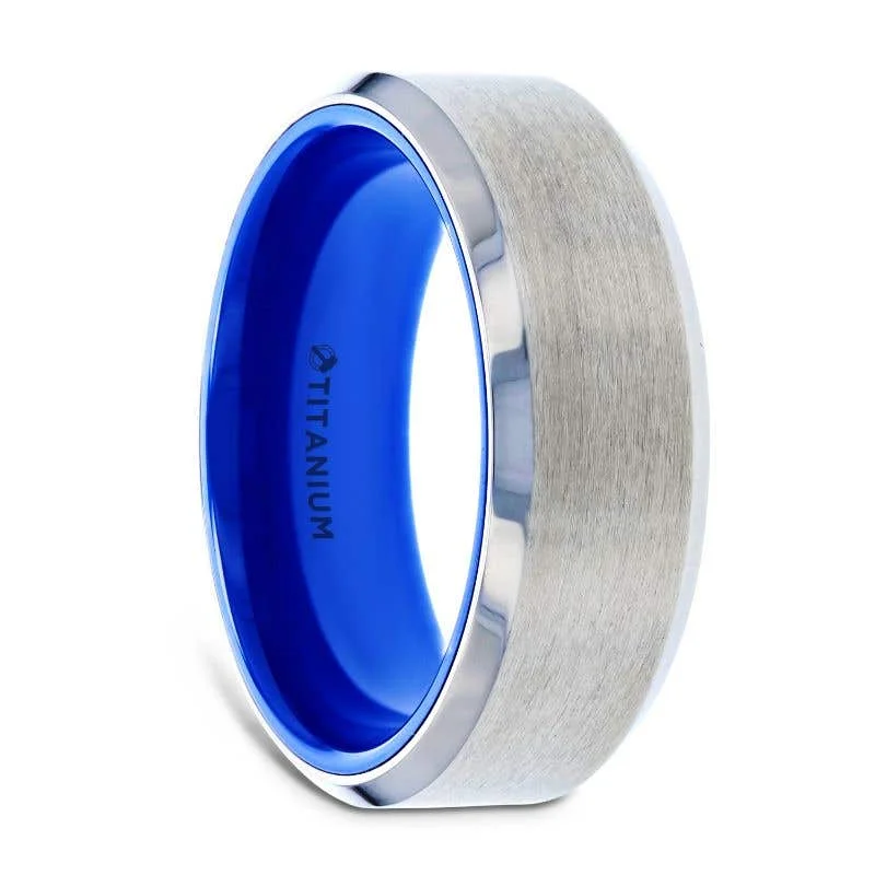 Ladies Rings Handcrafted Shine-Thorsten ARCTIC Flat Beveled Edges Titanium Ring with Brushed Center and Vibrant Blue Inside - 8mm