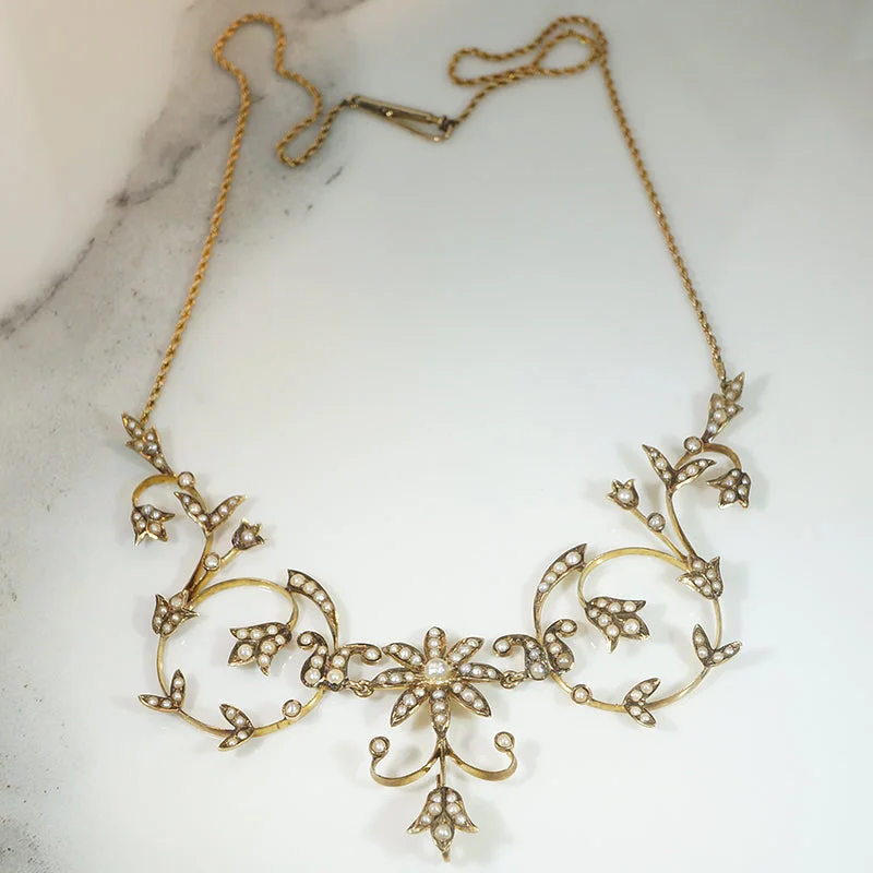 Ladies forest hush necklaces -Gold & Pearl Edwardian Garland Necklace