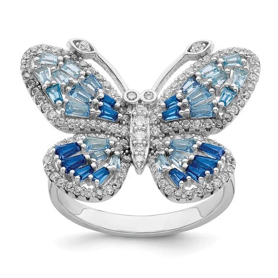 Ladies Rings for Night Spark-Sterling Silver Blue and White CZ Butterfly Ring